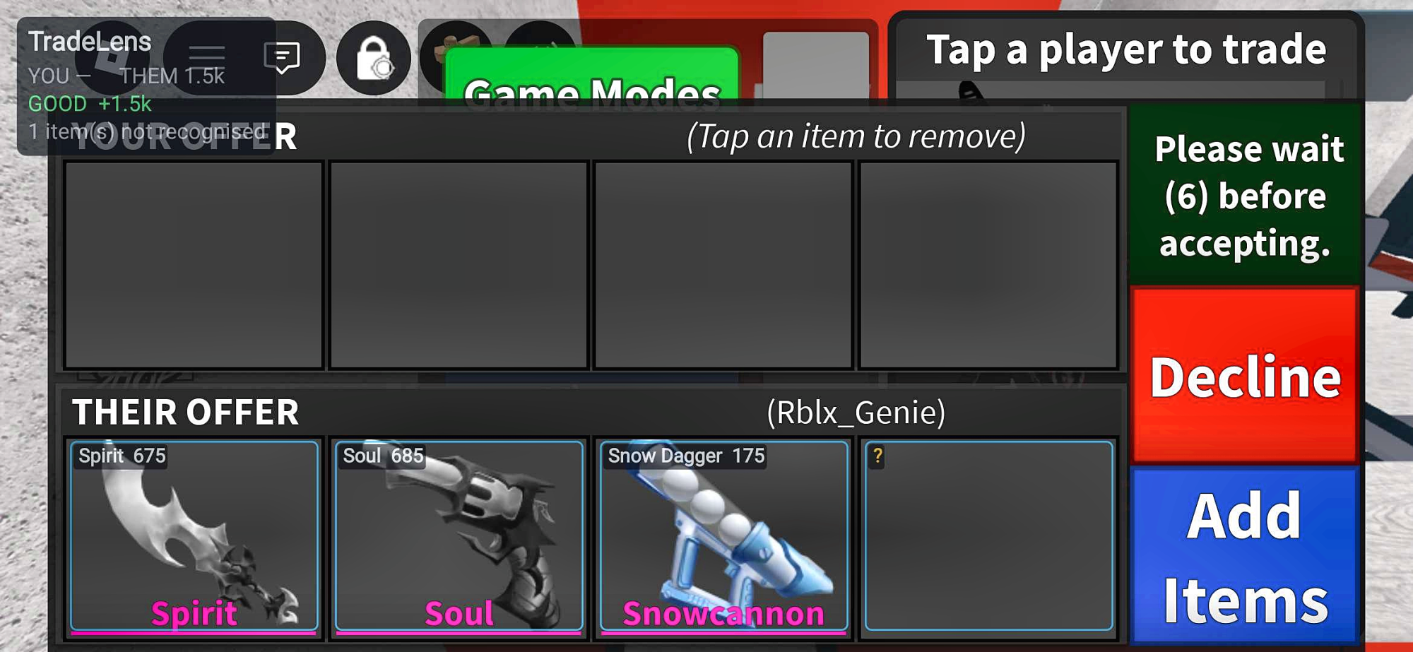 TradeLens on an Android phone over Murder Mystery 2: their offer valued item by item, with a corner card reading GOOD plus 1.5k.