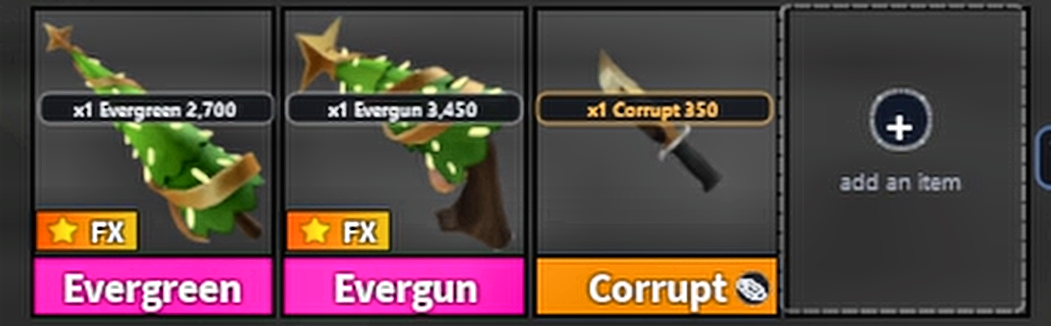Three trade slots with their value printed on the item and the rarity plate under each name.