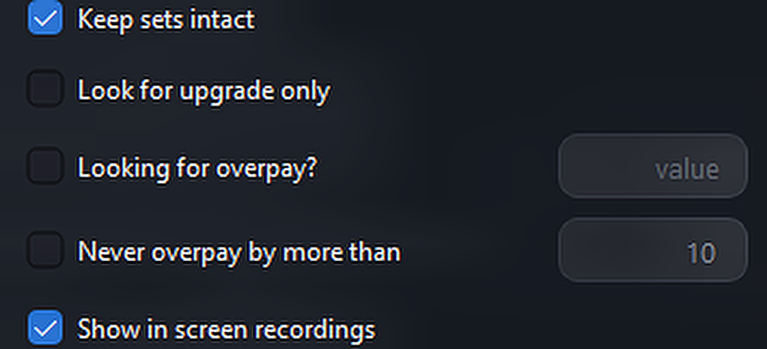 Keep sets intact, look for upgrade only, looking for overpay, never overpay by more than 10, show in screen recordings.